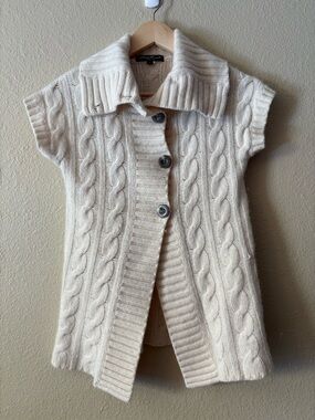Eddie Bauer Women's S Merino Wool Cable Knit Long Sweater Vest Cream Button Up